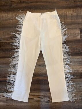 White Feather-Trim Straight Leg Pants
